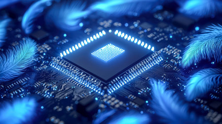 A high-tech circuit chip radiates vibrant light from embedded LEDs, encased by delicate, feathered...