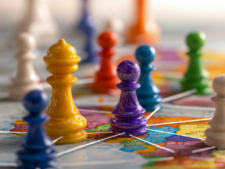 Brightly colored tokens arranged on an intricate map, linked by strategic lines symbolizing tactical...