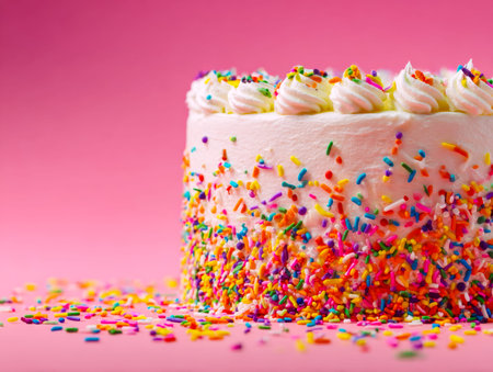 A vibrant layer cake topped with a rainbow of sprinkles, set against a soft pink backdrop, evoking...