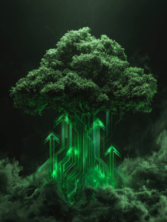 A luminous digital tree in vibrant green, featuring rising arrows and intricate glowing circuitry,...
