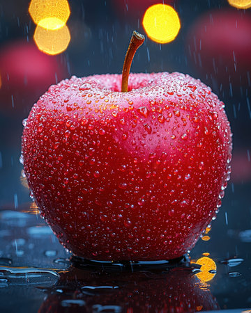 Juicy, ripe apple glistens with tiny water beads, set against a softly blurred lights backdrop,...