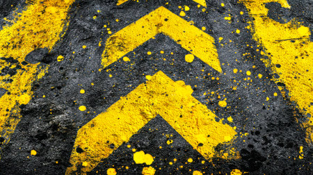 Bold yellow markings guide the way amid cracked pavement, complemented by energetic paint splatters...