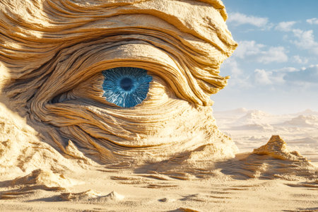 A dreamlike arid terrain features a colossal, stylized ocular sculpture etched into rocky cliffs,...