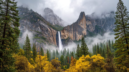 A powerful waterfall tumbles over jagged rocks amidst a dense woodland, displaying fiery autumn...