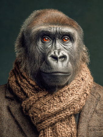 A charmingly whimsical scene featuring a gorilla in a crisp suit and woolly scarf, blending...