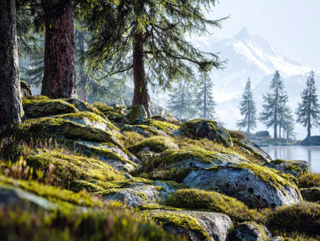 A tranquil woodland landscape featuring lush greenery, velvety moss cloaking rugged stones, and...