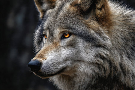 A striking gray wolf with luminous amber eyes gazes intently into the horizon, embodying the raw...