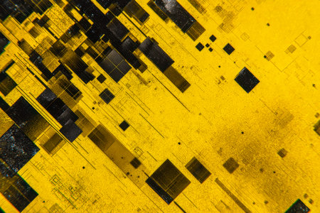 Dynamic interplay of dark geometric shapes and angular lines set against a lively yellow textured...