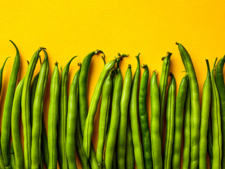 A neat cluster of vivid green beans contrasts sharply against a lively, sunny yellow backdrop, evoking freshness and zest perfect for culinary or health-related themes.の写真素材
