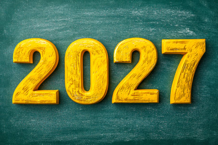 Vibrant yellow numerals with a striking textured surface stand prominently against a lush green...