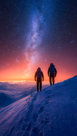 Two individuals ascend a snowy mountain under a luminous, celestial canopy.の写真素材