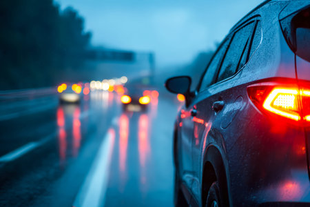 Glimmering dark asphalt reflects vehicle lights amid heavy rain, creating a moody, dynamic scene of nighttime travel in stormy weatherの写真素材