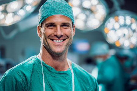 A poised male doctor in vibrant green attire radiates assurance as he smiles warmly in a luminous operating theater, surrounded by skilled colleagues and advanced medicalのeditorial素材