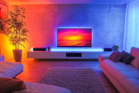 A sleek contemporary lounge illuminated by vivid led hues, showcasing a breathtaking sunset scene...
