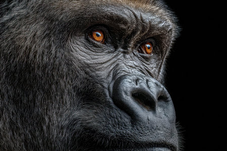 A striking close-up captures a gorilla's expressive face, revealing intricate skin textures and...