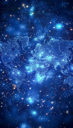 A luminous digital sphere displaying interconnected world regions, set against a cosmic backdrop filled with twinkling stars and celestial hues.の写真素材