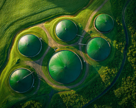 Elevated perspective of vibrant, grass-covered tanks nestled amidst dense greenery and rolling countryside, blending industrial function with nature.の写真素材