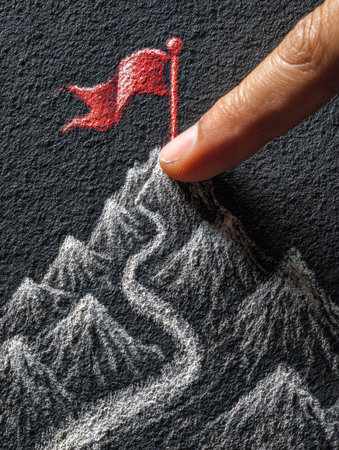 A single finger gently follows the rugged outlines of a mountain range, with a bold crimson banner...