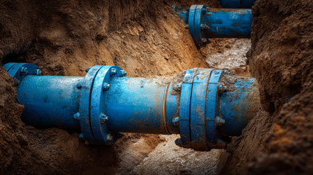 Workers install a massive blue water conduit within a deep earthen channel, highlighting...