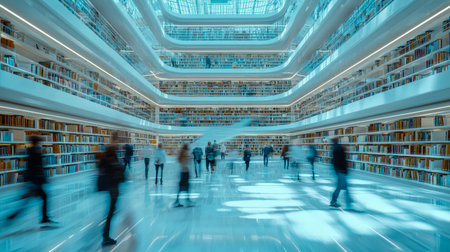 A sleek, multi-level space buzzing with curious minds amid cutting-edge architecture and glowing...