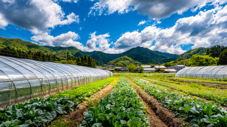 Bright green crops stretch across rolling hills beneath a colorful, dynamic sky, capturing serene...