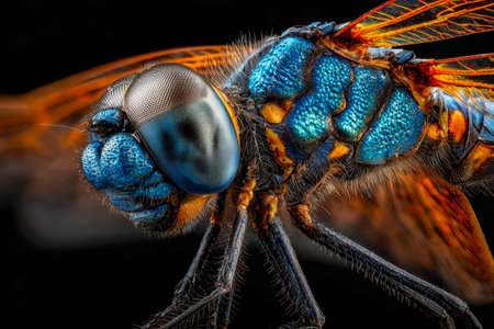 A detailed glimpse of a striking dragonfly's iridescent wings and segmented body, showing vivid hues...