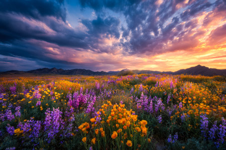 A lively array of wildflowers blooms beneath a sky painted with warm oranges, pinks, and purples,...