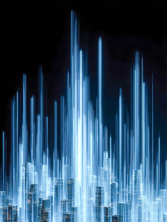 A luminous urban horizon featuring towering light columns piercing the night sky, embodying a sleek,...