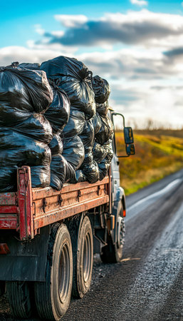 A sturdy vehicle hauls tightly packed dark trash bags along a quiet countryside lane beneath a...