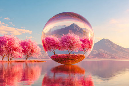A fantastical scene featuring delicate cherry blossoms trapped within a shimmering glass orb,...