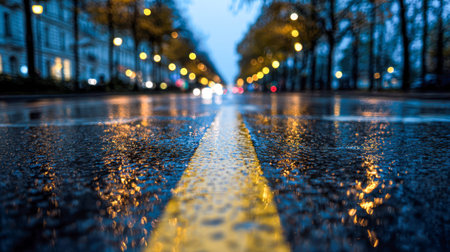 A bustling city alley glistens under a rainy evening, with neon hues shimmering on wet pavement,...