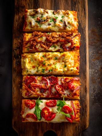 A colorful array of sliced rectangular pizzas featuring an assortment of toppings, arranged on a...