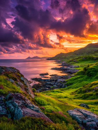 A lively seaside scene features rolling emerald hills meeting shimmering waters, illuminated by a...