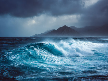 Towering surf collides fiercely beneath brooding skies, while jagged cliffs loom in the background,...