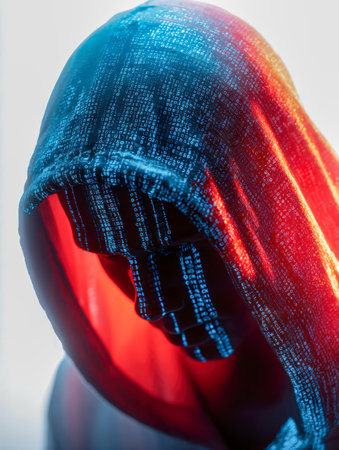 An enigmatic silhouette cloaked in a digital matrix pattern, bathed in contrasting blue and red glow, evoking themes of online secrecy, hacking, and digital defense.の写真素材