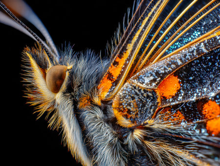 A vivid macro shot reveals an insect's elaborate design, showing casing swirling patterns and...