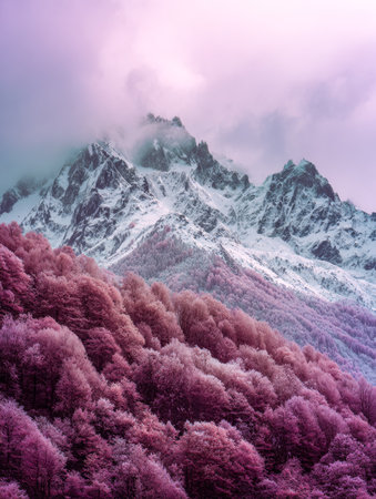 Towering icy peaks frame a surreal valley ablaze with fiery pink blooms, creating a whimsical scene that blends grandeur with delicate beauty.の写真素材