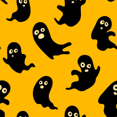 Whimsical ghost figures dance across a lively yellow canvas, creating a cheerful, spooky-chic...
