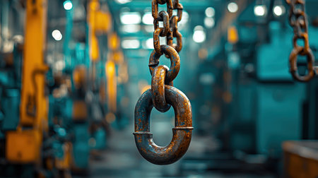 A weathered metal ring dangles from a chain amidst an abandoned industrial space, evoking a gritty,...