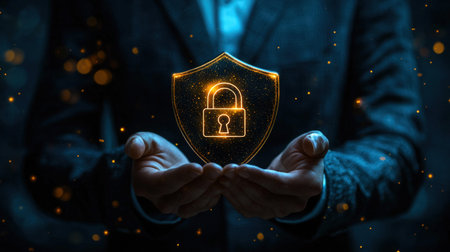 Hands cradle a luminous virtual shield marked with a padlock, symbolizing advanced online security...