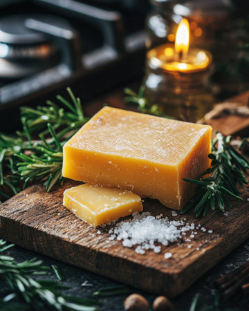 Warm candlelight highlights a chunk of mature cheddar, surrounded by coarse salt and fragrant herbs,...