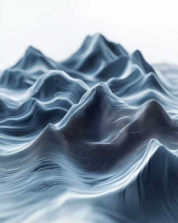 A sleek, layered digital terrain with ascending mountain shapes in grayscale, evoking depth,...