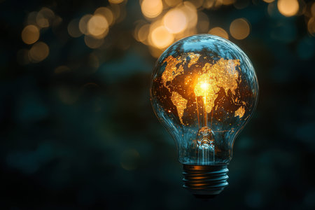 A glowing globe nestled within a glass filament, emanating light to evoke themes of worldwide...