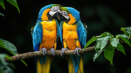 Vibrant feathered macaws sit on a leafy branch amid green foliage, exuding exotic charm and adding...