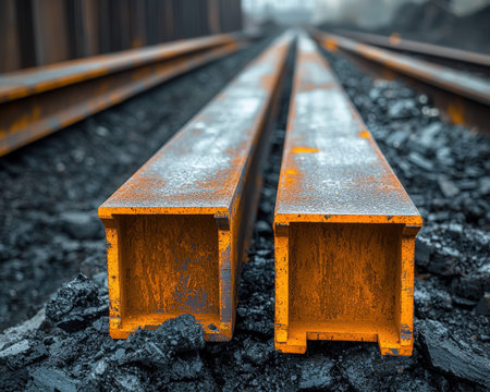 Rusty rails run through a dark, coal-stained bed, evoking rugged industry and heavy labor with a...