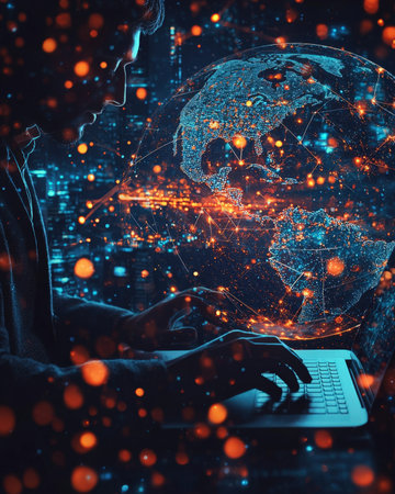 A person engages with a luminous, high-tech globe illustrating global connectivity, set against a...