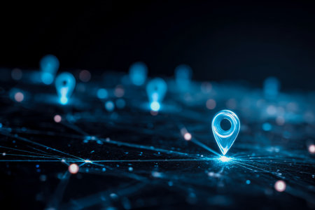 Vibrant digital pins scattered across a glowing world map symbolize worldwide communication, guiding viewers through modern navigation networks.の写真素材