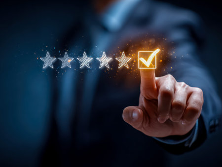A confident business expert points at a digital interface, highlighting a luminous approval symbol...