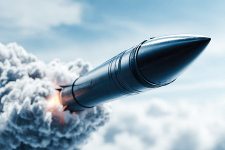 A powerful spacecraft ascends through turbulent clouds and billowing smoke, symbolizing innovation...