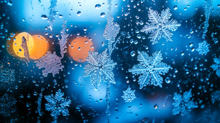 Delicate ice crystals cling to a glass pane as blurred rainbow hues shimmer behind, evoking a quiet winter?s eve with a touch of festive glow.の写真素材